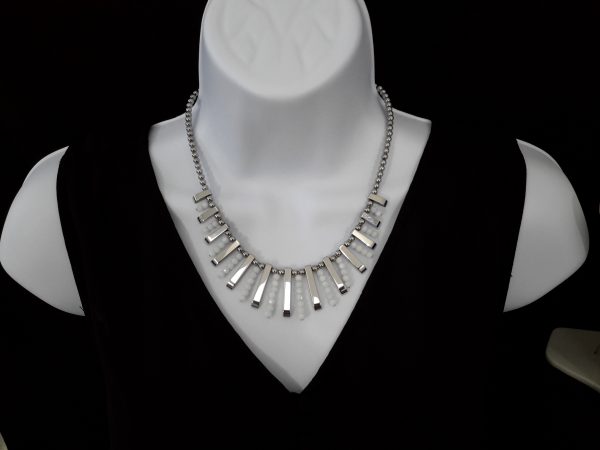 Silver hematite bars with white glass beads