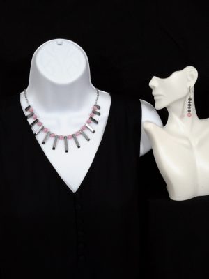 Dark gray hematite barred necklace with pink cat-eyed beads