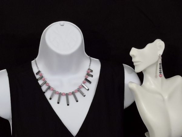 Dark gray hematite barred necklace with pink cat-eyed beads