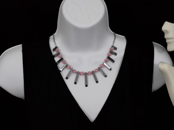 Dark gray hematite barred necklace with pink cat-eyed beads