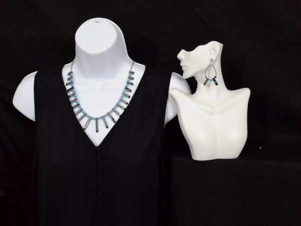 Dark gray hematite necklace with turquoise cat-eyed beads