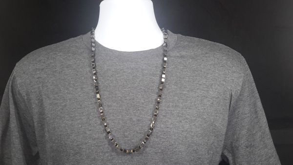 Dark gray hematite, gold hematite and black glass beads