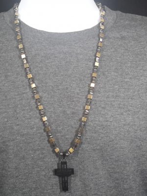 Dark Grey and Gold Hematite with Stainless Steel Cross