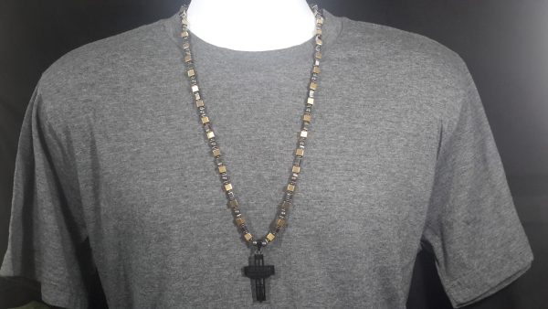 Dark Grey and Gold Hematite with Stainless Steel Cross