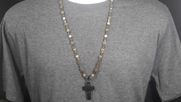 Dark Grey and Gold Hematite with Stainless Steel Cross