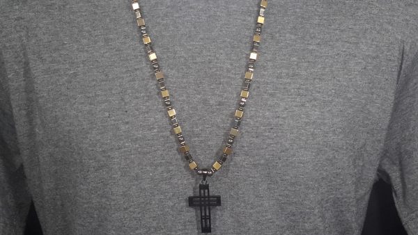 Dark Grey and Gold Hematite with Stainless Steel Cross