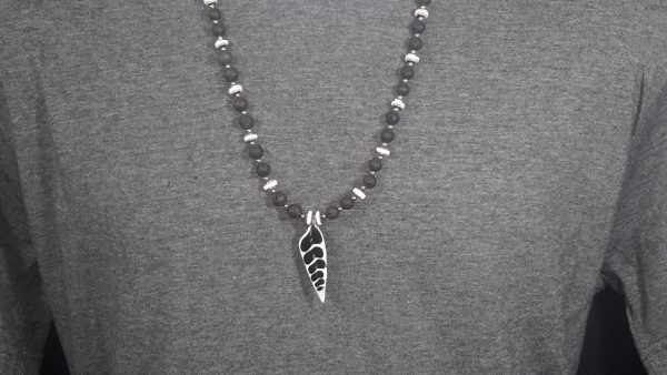 Black lava beads, white Coral, stainless steel silver beads w/ pendant