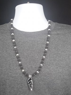 Black lava beads, white Coral, stainless steel silver beads w/ pendant