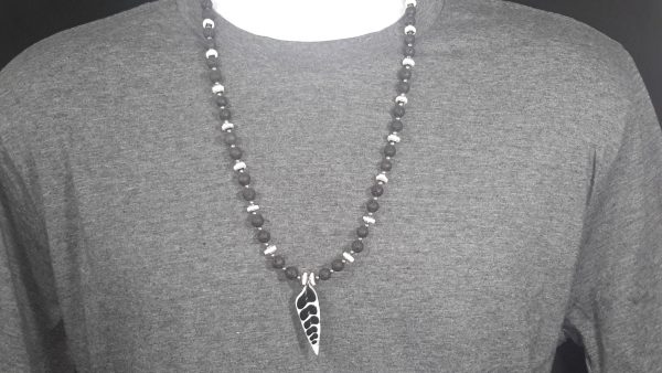 Black lava beads, white Coral, stainless steel silver beads w/ pendant
