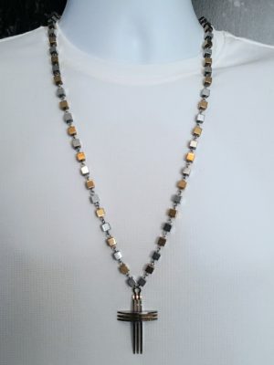 Silver and Gold Linked Necklace w/Cross Pendant